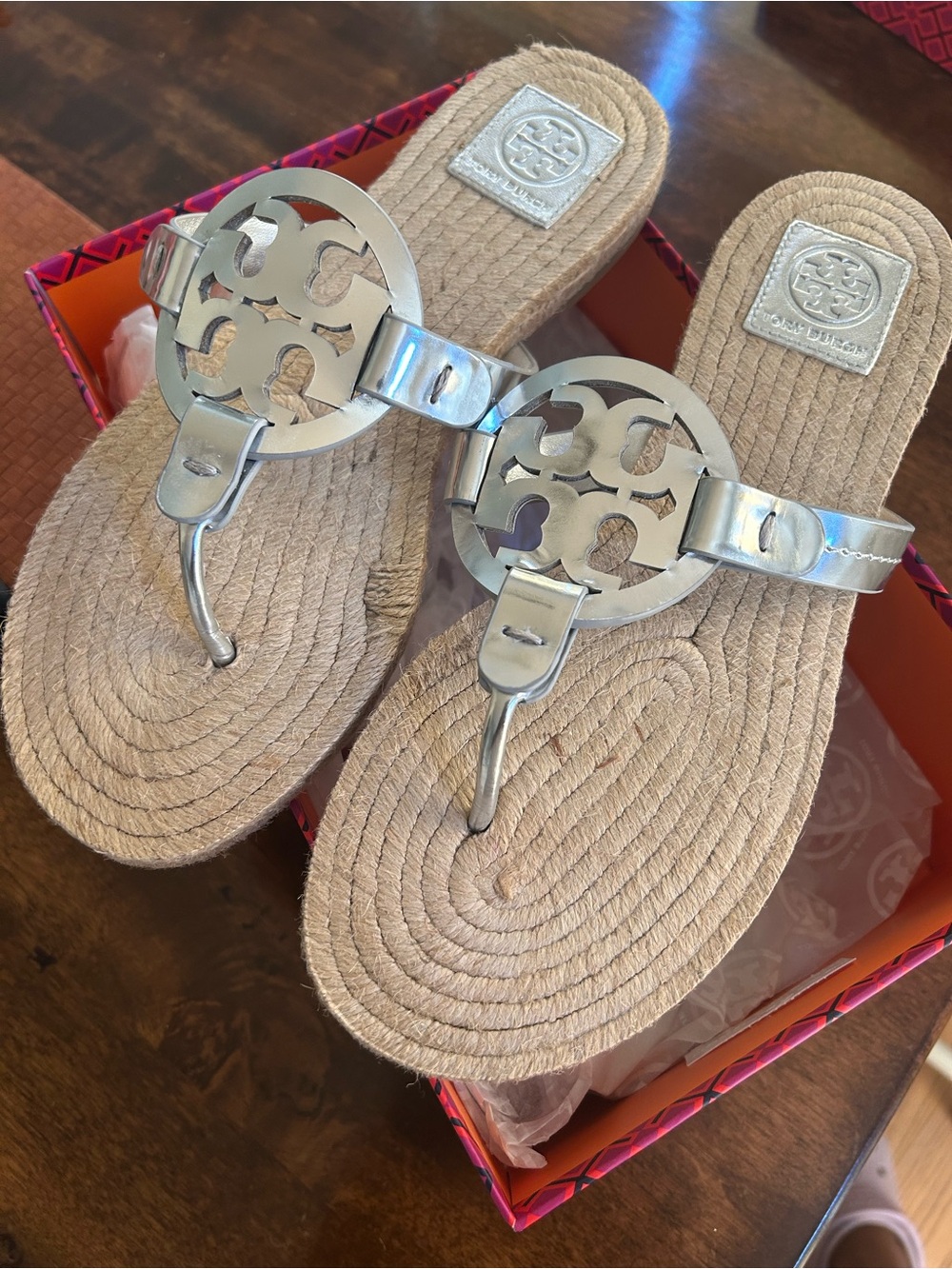 Tory Burch Silver Logo Rope-Style Thong Sandals